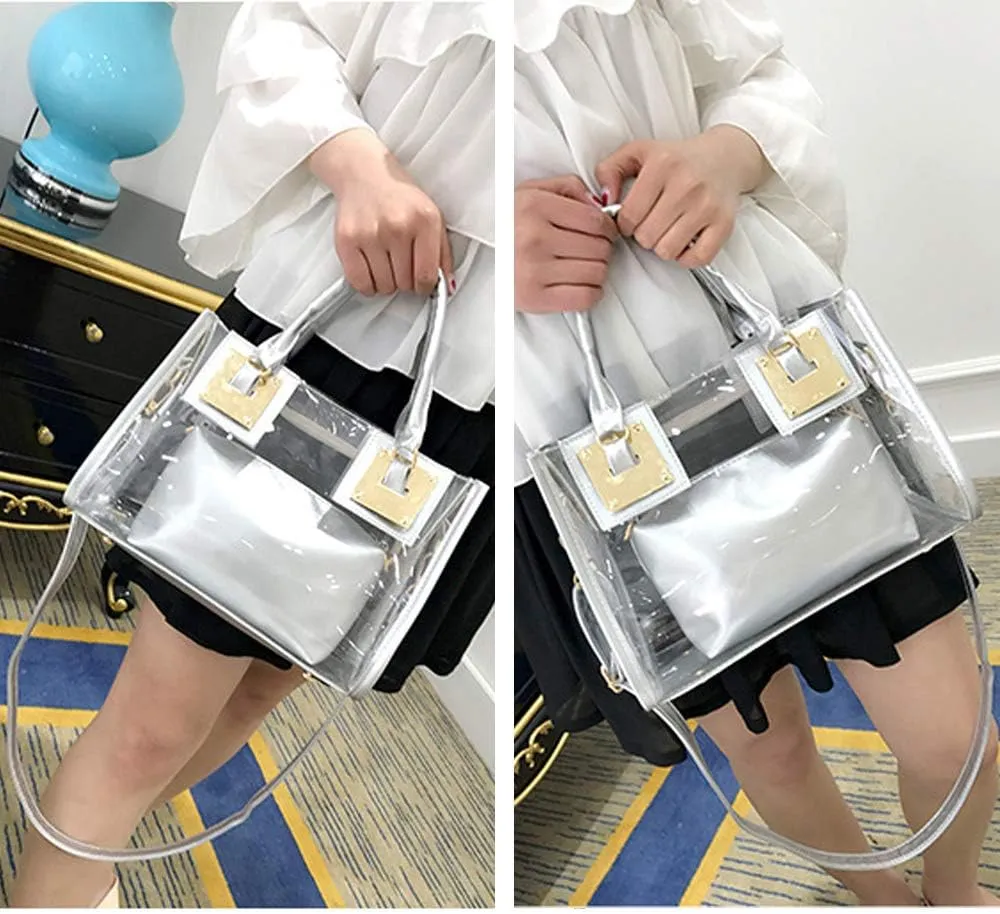 2-Pcs Handbags Women Clear Purse Jelly Small Tote Bag Transparent Satchel Bags Beach Crossbody Shoulder Bag Zip Wallet