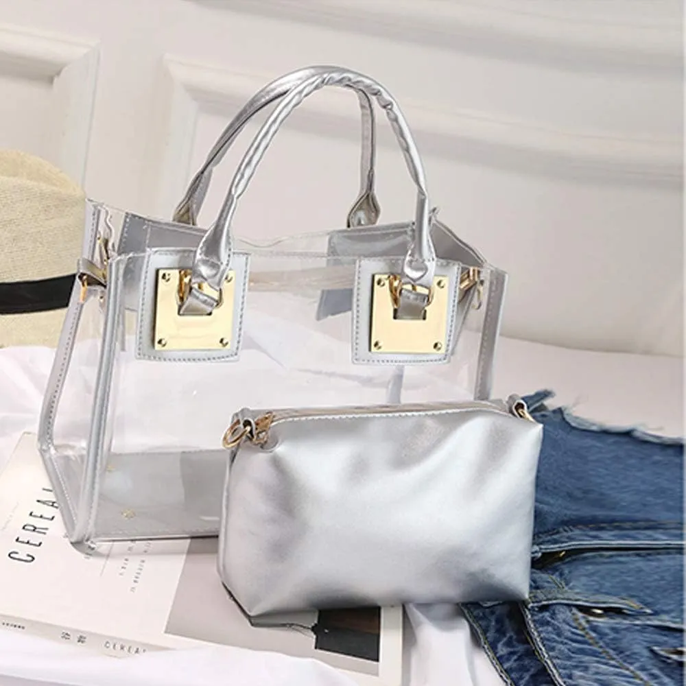 2-Pcs Handbags Women Clear Purse Jelly Small Tote Bag Transparent Satchel Bags Beach Crossbody Shoulder Bag Zip Wallet