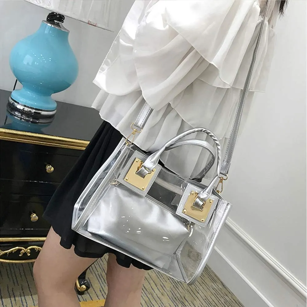 2-Pcs Handbags Women Clear Purse Jelly Small Tote Bag Transparent Satchel Bags Beach Crossbody Shoulder Bag Zip Wallet