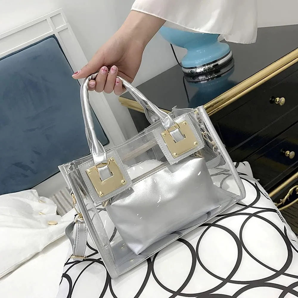 2-Pcs Handbags Women Clear Purse Jelly Small Tote Bag Transparent Satchel Bags Beach Crossbody Shoulder Bag Zip Wallet