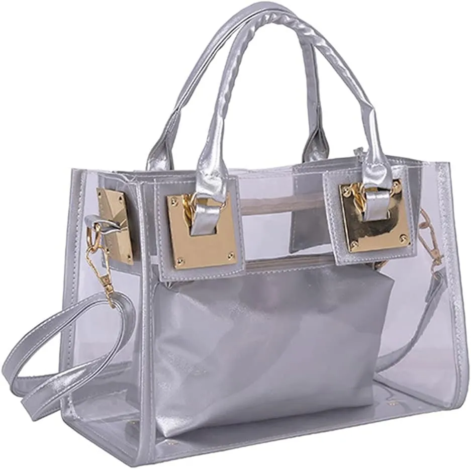2-Pcs Handbags Women Clear Purse Jelly Small Tote Bag Transparent Satchel Bags Beach Crossbody Shoulder Bag Zip Wallet