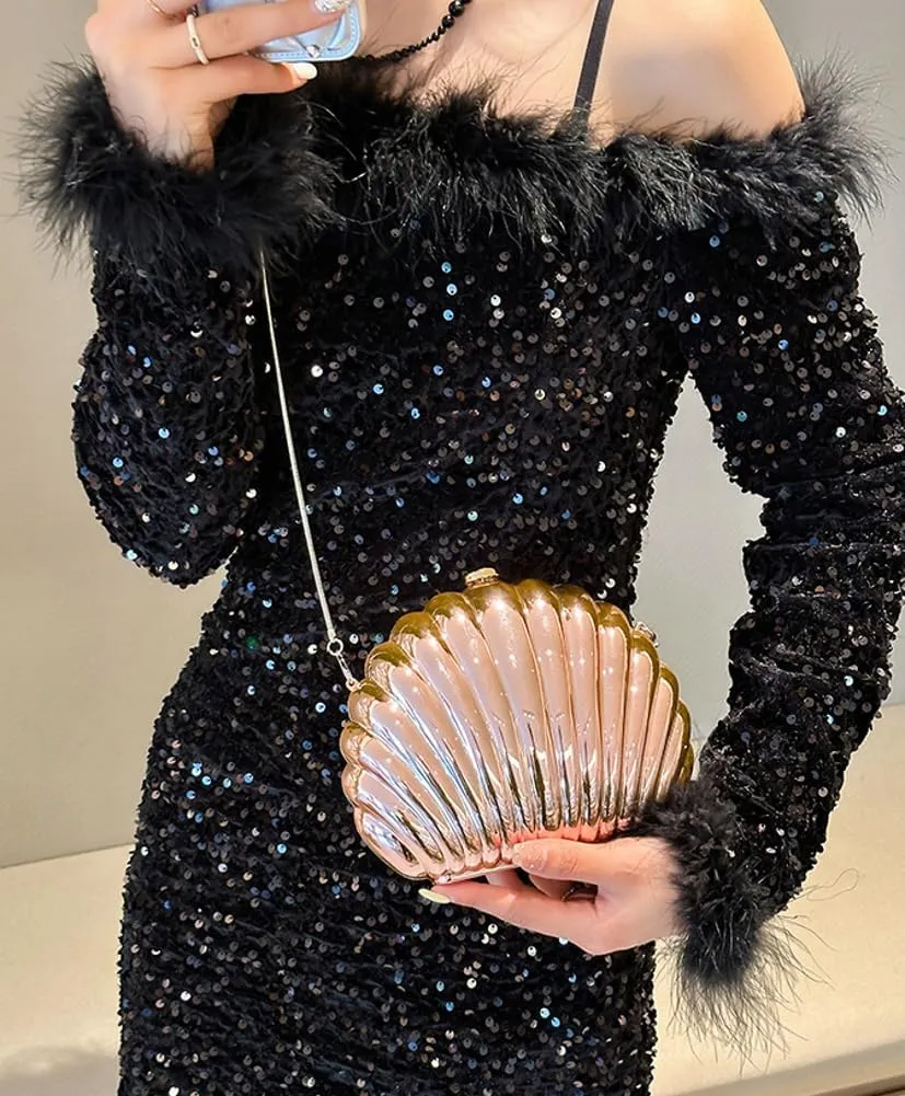 Acrylic Seashell Clutch Purse for Women Summer Beach Evening Bag Glitter Crossbody Shoulder Handbag for Wedding Prom Party