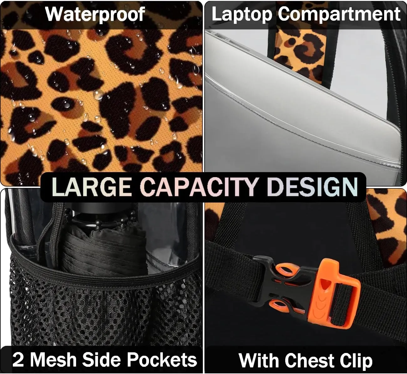 Animal Leopard Skin Print Pattern Clear Backpack Stadium Approved Heavy Duty Transparent Backpack for Women Men Large PVC See Through Bag for Sports Event Concert Festival Work Travel