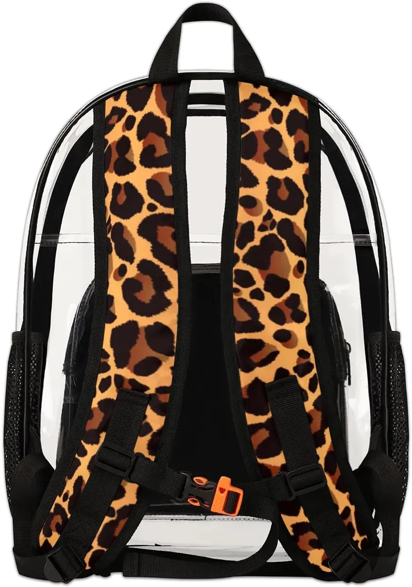 Animal Leopard Skin Print Pattern Clear Backpack Stadium Approved Heavy Duty Transparent Backpack for Women Men Large PVC See Through Bag for Sports Event Concert Festival Work Travel