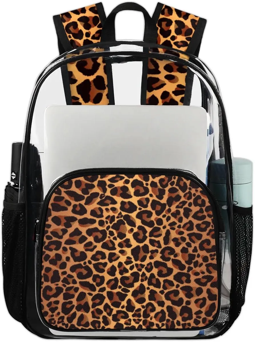 Animal Leopard Skin Print Pattern Clear Backpack Stadium Approved Heavy Duty Transparent Backpack for Women Men Large PVC See Through Bag for Sports Event Concert Festival Work Travel