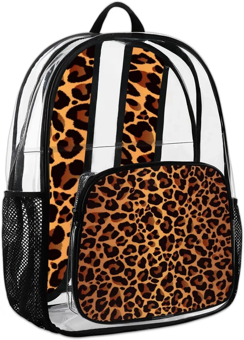Animal Leopard Skin Print Pattern Clear Backpack Stadium Approved Heavy Duty Transparent Backpack for Women Men Large PVC See Through Bag for Sports Event Concert Festival Work Travel