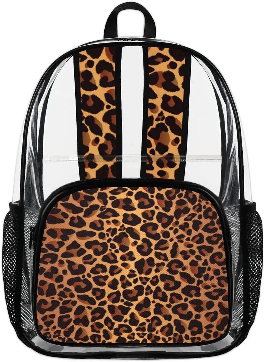 Animal Leopard Skin Print Pattern Clear Backpack Stadium Approved Heavy Duty Transparent Backpack for Women Men Large PVC See Through Bag for Sports Event Concert Festival Work Travel