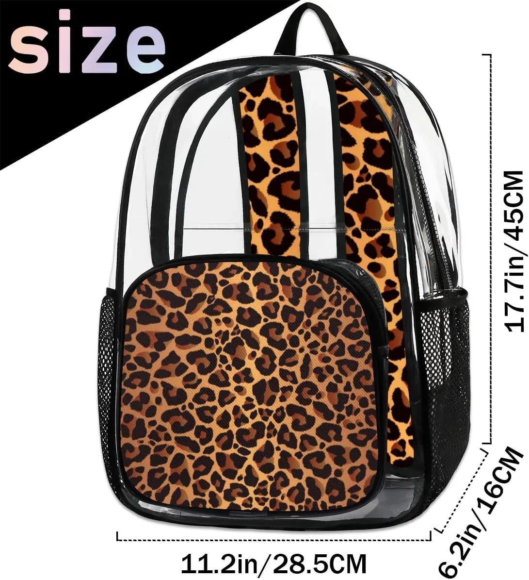 Animal Leopard Skin Print Pattern Clear Backpack Stadium Approved Heavy Duty Transparent Backpack for Women Men Large PVC See Through Bag for Sports Event Concert Festival Work Travel