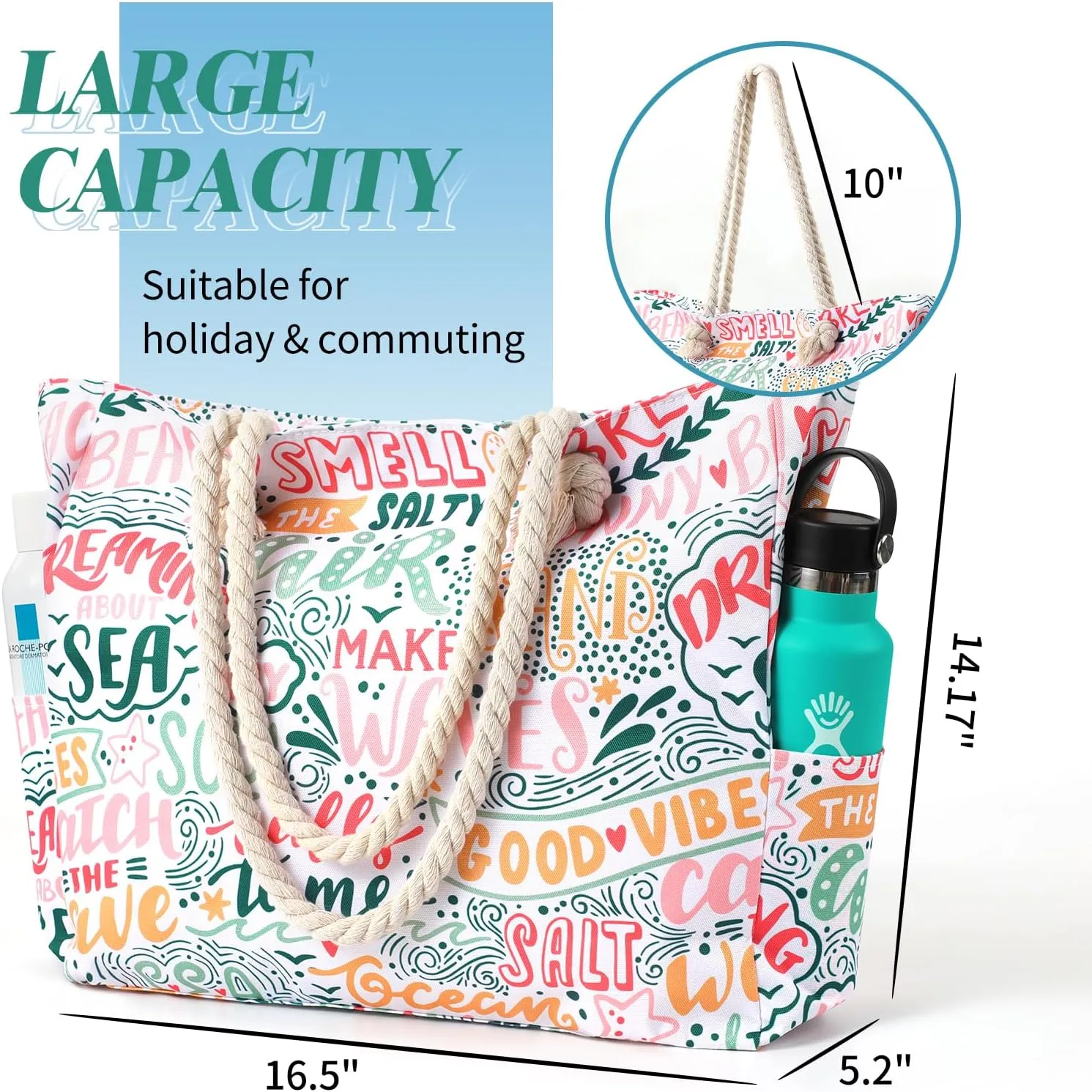 Beach Bags for Women - Large Beach Tote Bag, Women Sandproof Pool Bag for Pool Gym Grocery Travel