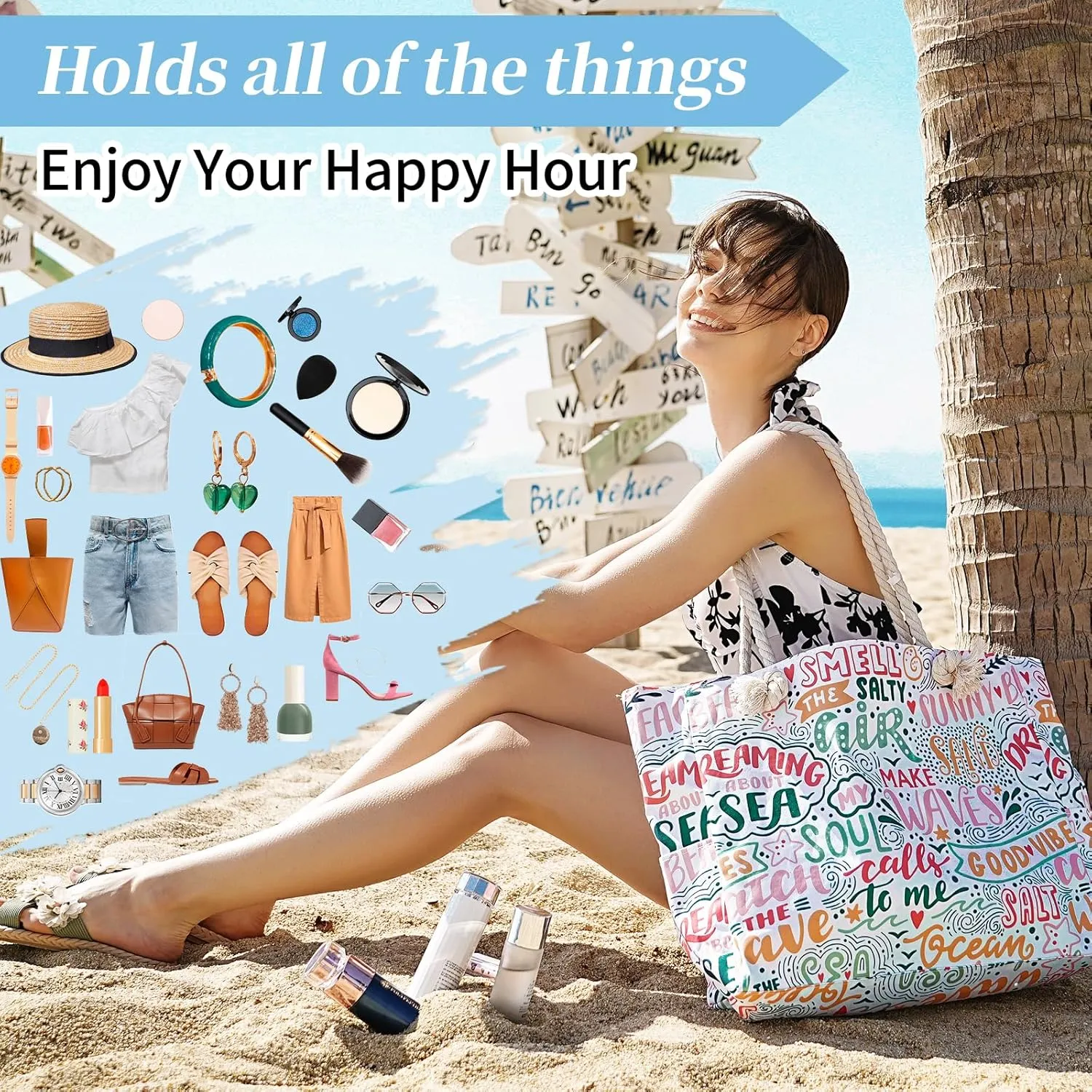Beach Bags for Women - Large Beach Tote Bag, Women Sandproof Pool Bag for Pool Gym Grocery Travel