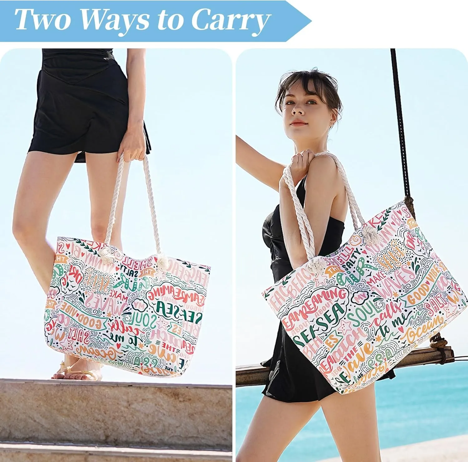 Beach Bags for Women - Large Beach Tote Bag, Women Sandproof Pool Bag for Pool Gym Grocery Travel