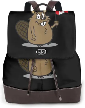 Beaver Print Women's PU Leather Backpack, Fashion, Work, Journey Daily Use - Chestnut Brown
