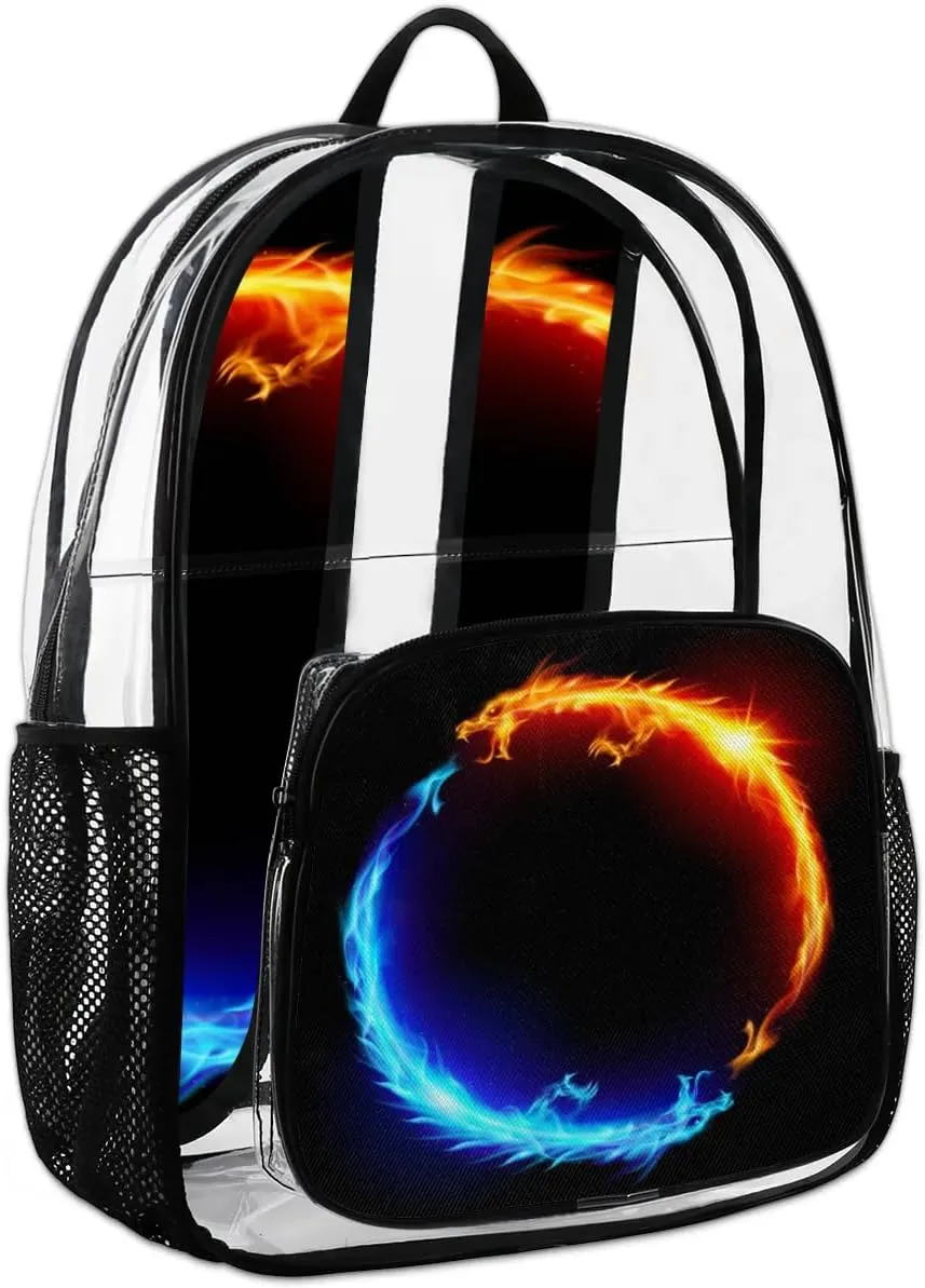Blue Red Fiery Dragons Clear Backpack Stadium Approved Heavy Duty Transparent Backpack for Women Men Large PVC See Through Bag for Sports Event Concert Festival Work Travel