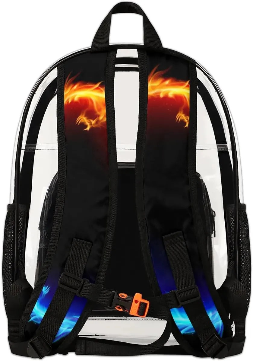 Blue Red Fiery Dragons Clear Backpack Stadium Approved Heavy Duty Transparent Backpack for Women Men Large PVC See Through Bag for Sports Event Concert Festival Work Travel