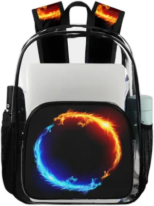Blue Red Fiery Dragons Clear Backpack Stadium Approved Heavy Duty Transparent Backpack for Women Men Large PVC See Through Bag for Sports Event Concert Festival Work Travel