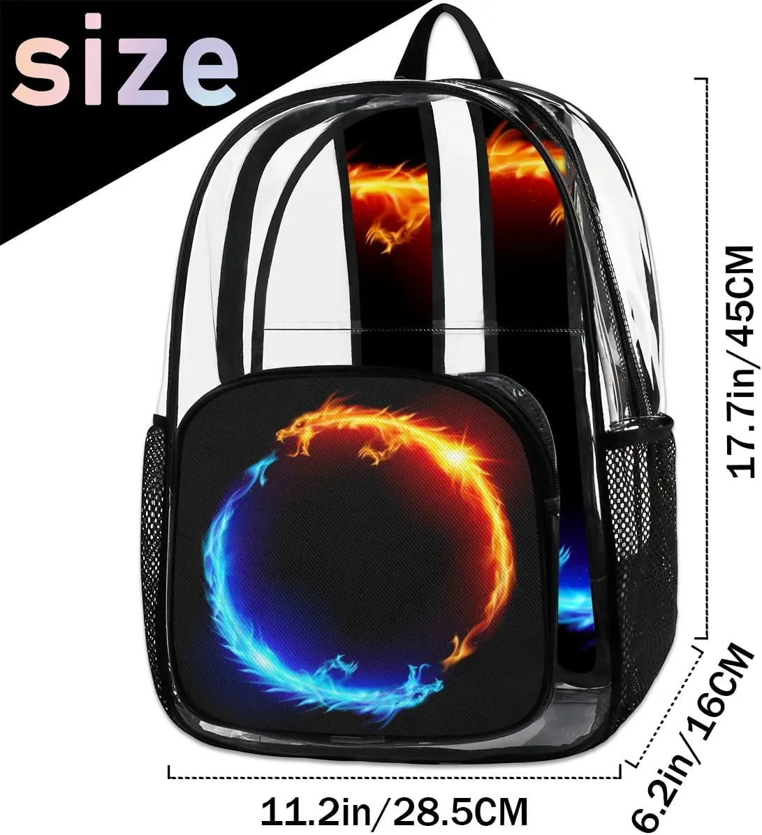 Blue Red Fiery Dragons Clear Backpack Stadium Approved Heavy Duty Transparent Backpack for Women Men Large PVC See Through Bag for Sports Event Concert Festival Work Travel