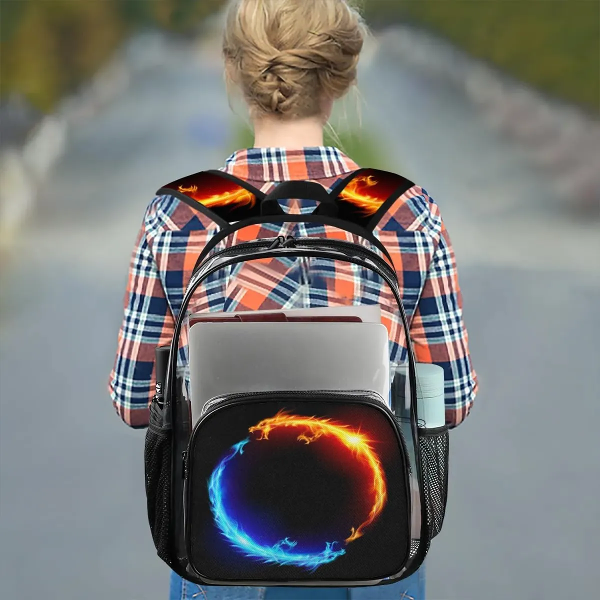 Blue Red Fiery Dragons Clear Backpack Stadium Approved Heavy Duty Transparent Backpack for Women Men Large PVC See Through Bag for Sports Event Concert Festival Work Travel