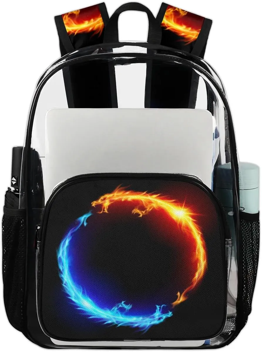 Blue Red Fiery Dragons Clear Backpack Stadium Approved Heavy Duty Transparent Backpack for Women Men Large PVC See Through Bag for Sports Event Concert Festival Work Travel