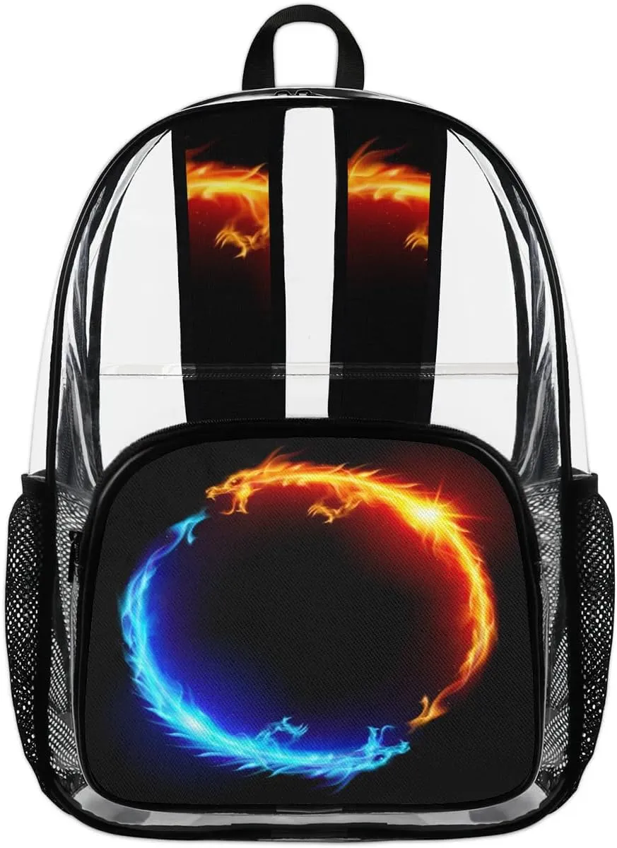 Blue Red Fiery Dragons Clear Backpack Stadium Approved Heavy Duty Transparent Backpack for Women Men Large PVC See Through Bag for Sports Event Concert Festival Work Travel