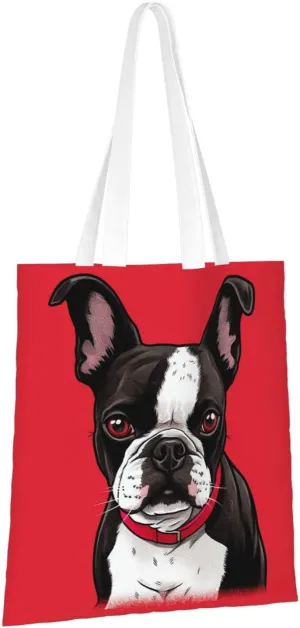 Canvas Aesthetic Tote Bag for Women Handbag Boston Terrier Dog Red Reusable Grocery Bags with Handles