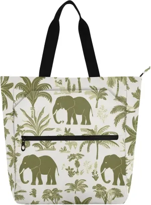 Coconut Tree Elephant Tote Bag for Book Lovers Reusable Bags with Zipper Pocket for School Work Shopping