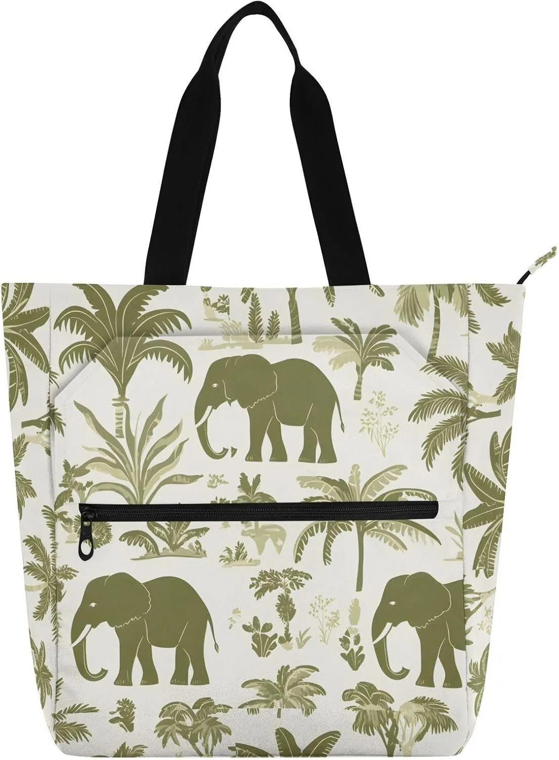 Coconut Tree Elephant Tote Bag for Book Lovers Reusable Bags with Zipper Pocket for School Work Shopping