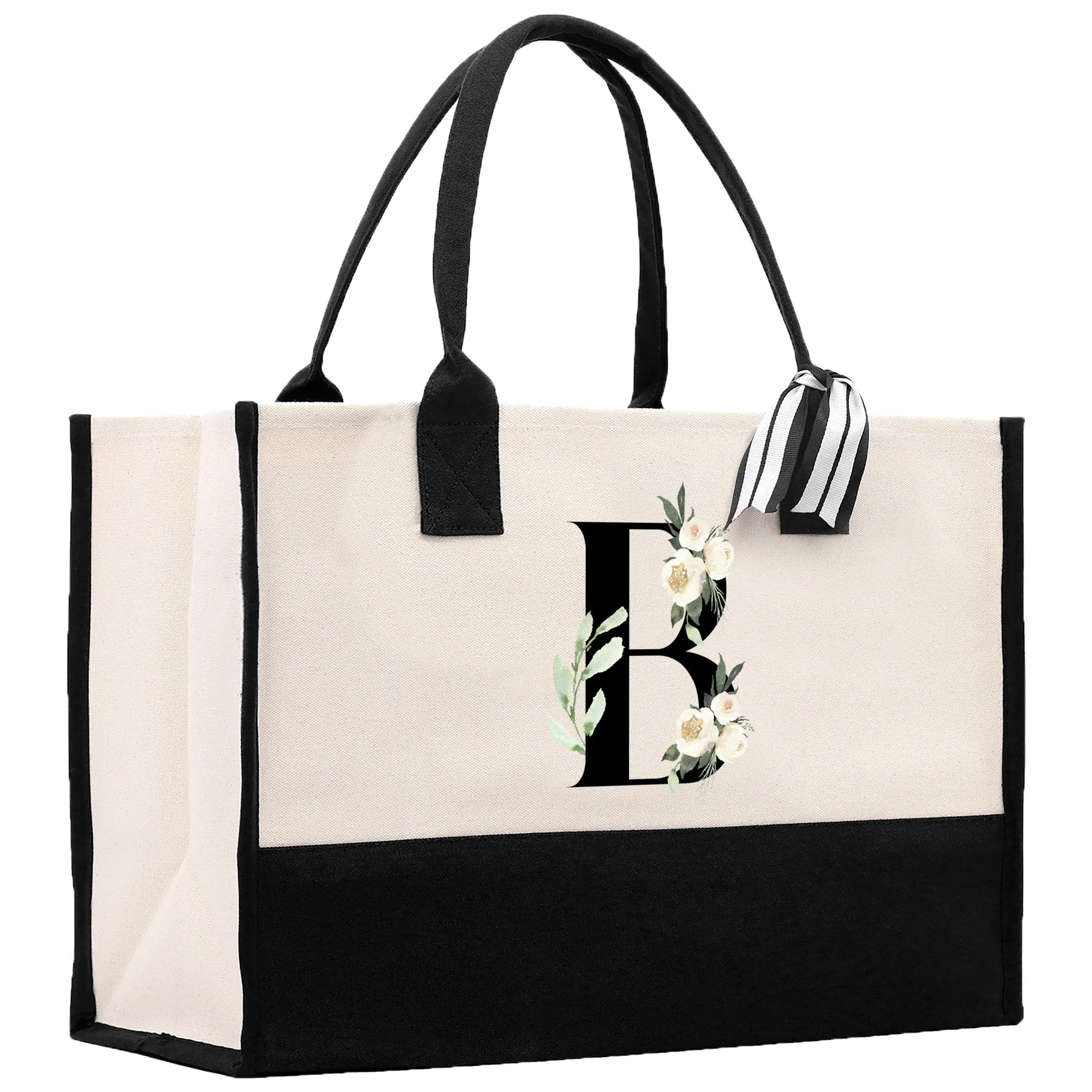 Floral Monogram Cotton Canvas Tote Bag Personalized Bridesmaid Gift Bag Wedding Birthday Gift Custom Name Tote Maid of Honor Wedding Gift