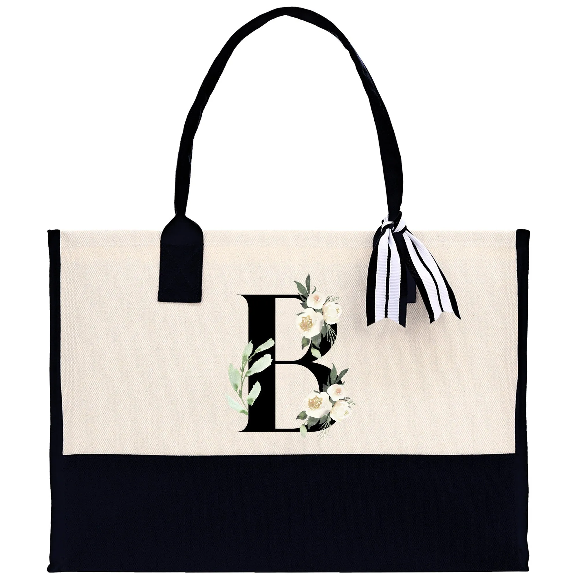 Floral Monogram Cotton Canvas Tote Bag Personalized Bridesmaid Gift Bag Wedding Birthday Gift Custom Name Tote Maid of Honor Wedding Gift