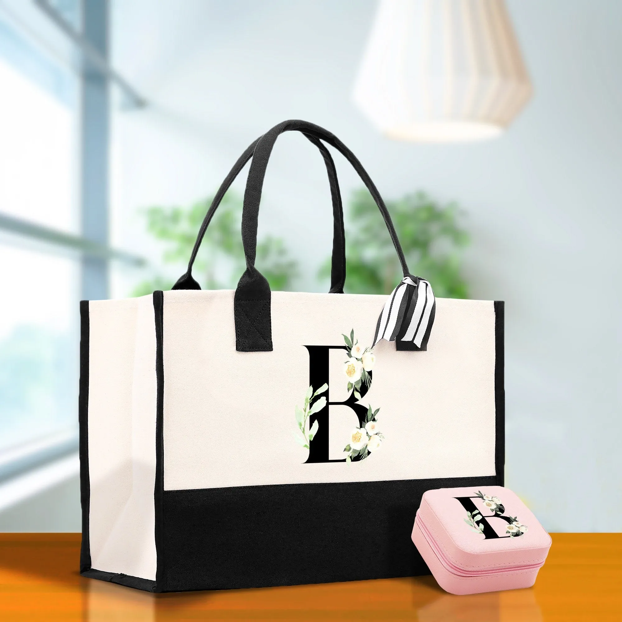 Floral Monogram Cotton Canvas Tote Bag Personalized Bridesmaid Gift Bag Wedding Birthday Gift Custom Name Tote Maid of Honor Wedding Gift