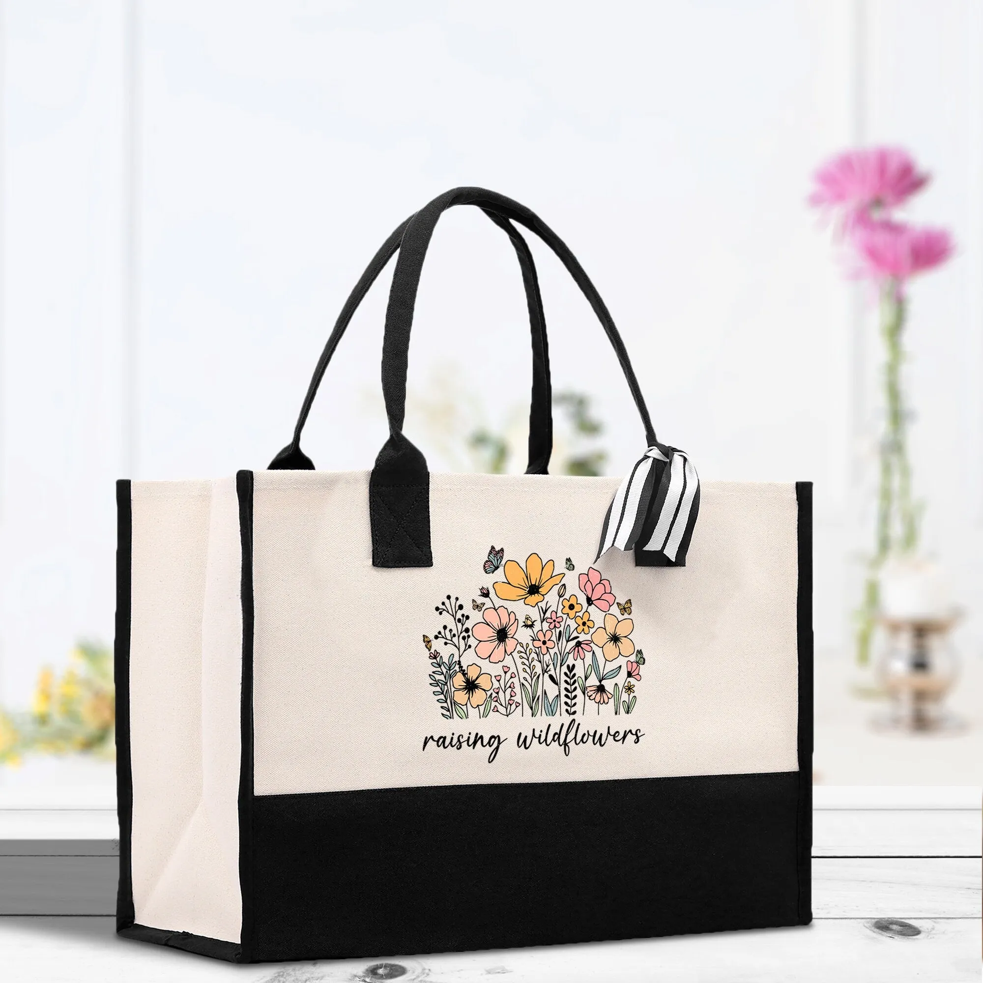 Floral Raising Wildflowers Cotton Canvas Tote Bag Mom Gift Mom Bag Mom Shopping Bag New Mom Gift Best Mom Ever Bag Boy Girl Mama Tote