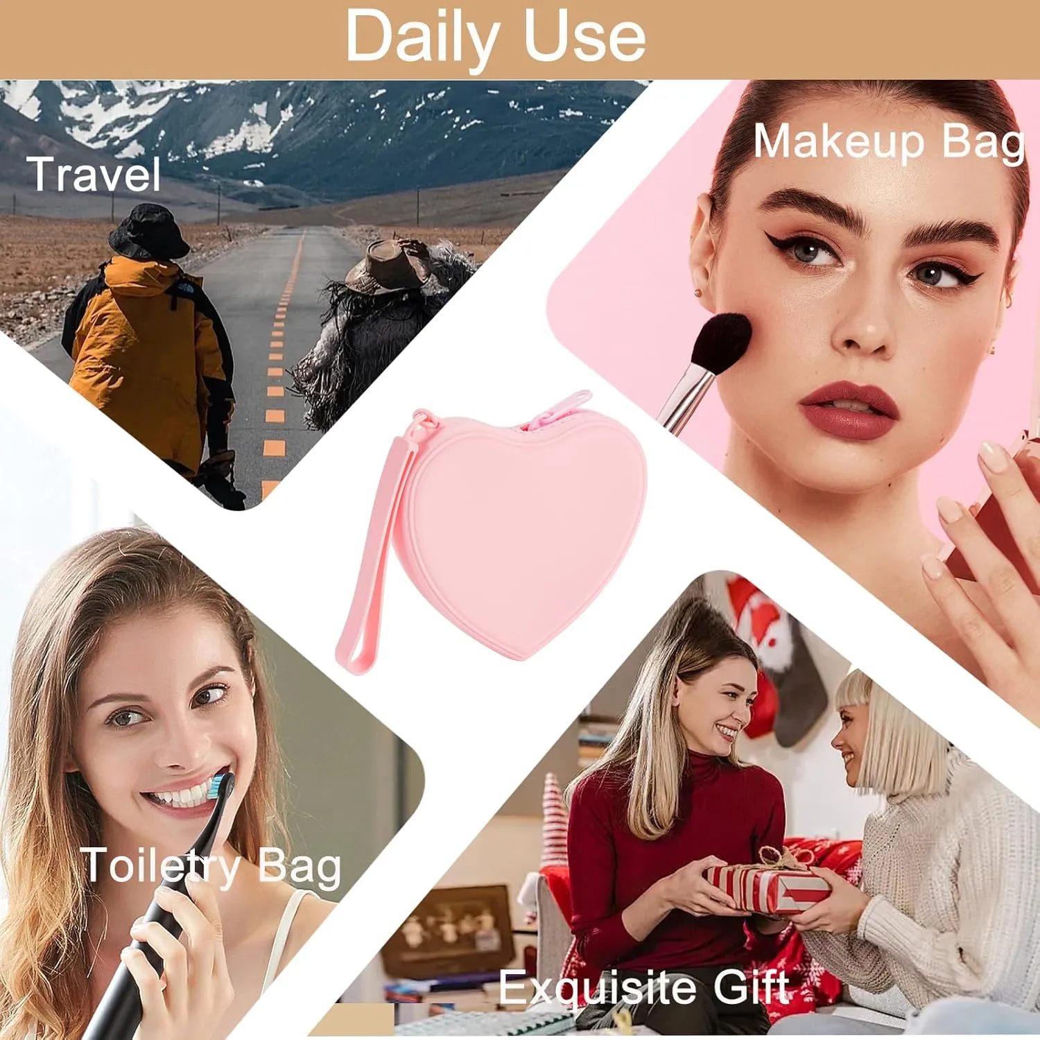 Heart Shaped Portable Silicone Makeup Bag for Women Girls, Small Travel Lovely Waterproof Toiletry Cosmetic Bag, Zipper Closure Organizer Heart Makeup Case with Handle (Pink)