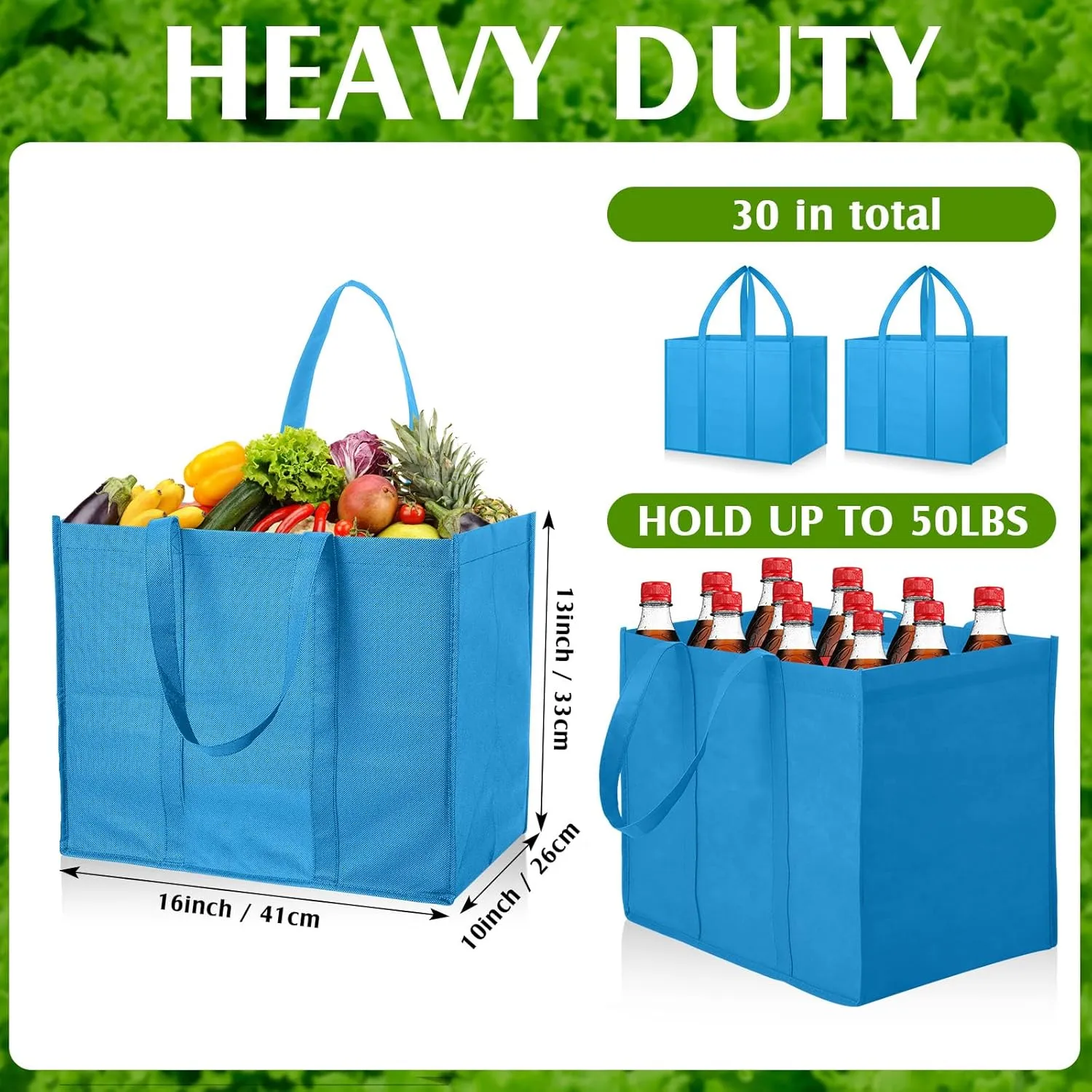Hillban 30 Pack Reusable Grocery Bags Bulk Large Shopping Bags Washable Foldable Heavy Duty Totes Storage Bags with handles