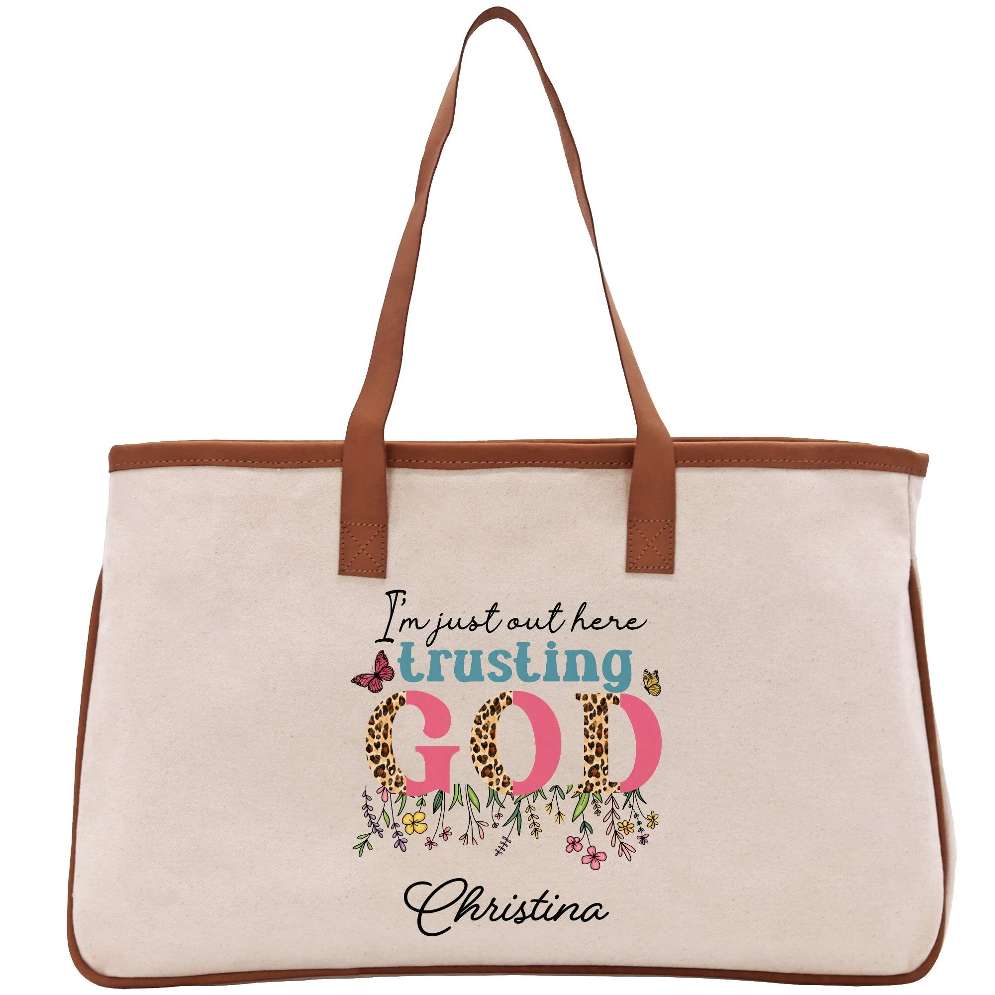 I'm Just Out Here Trusting God Personalized Name Religious Cotton Canvas Tote Bag For Women Custom Religious Gifts Church Tote Bag