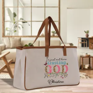 I'm Just Out Here Trusting God Personalized Name Religious Cotton Canvas Tote Bag For Women Custom Religious Gifts Church Tote Bag