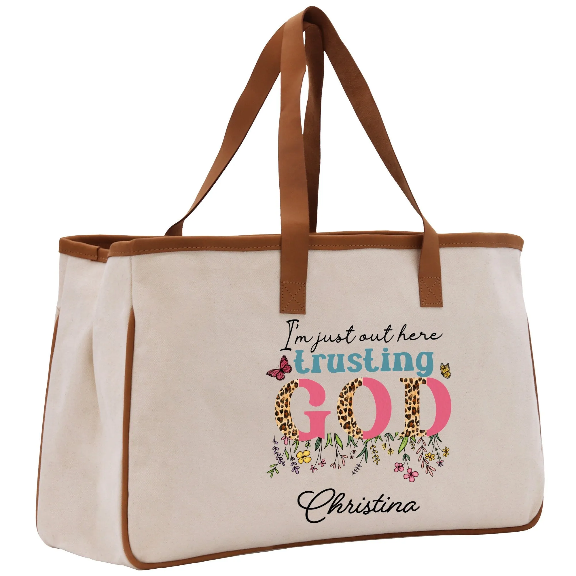 I'm Just Out Here Trusting God Personalized Name Religious Cotton Canvas Tote Bag For Women Custom Religious Gifts Church Tote Bag