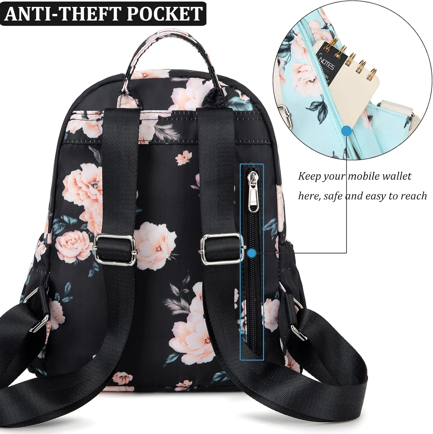 JIANYA Floral Mini Backpack Purse Small Backpacks for Women Teens, Black