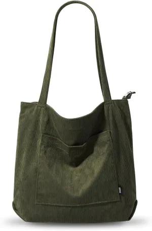 KALIDI Women Corduroy Tote Bag Large Shoulder Tote Bag with Zipper Pocket Casual Hobo Handbag Big Capacity Shopping Work Bag