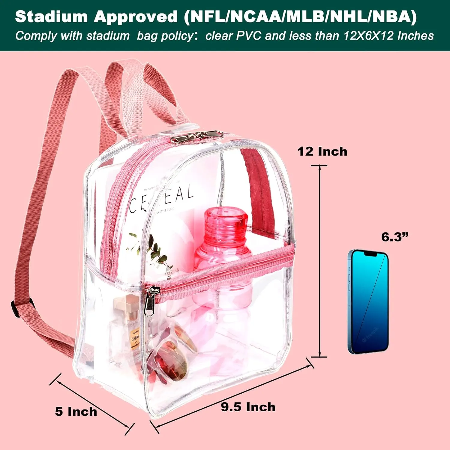 Keepcross Small Clear Stadium Backpack Mini - Cute Clear Bag Stadium Approved 12x6x12 Great for Festival Sport Events Concerts,Women Girls,Pink Straps