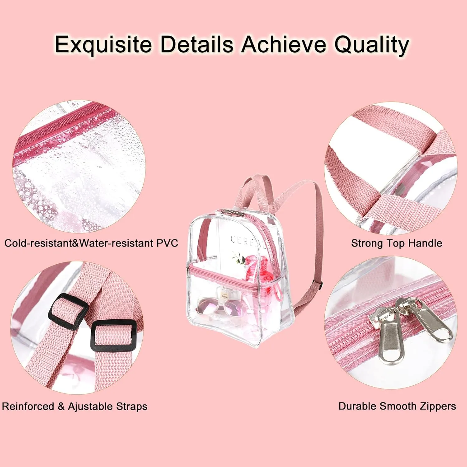 Keepcross Small Clear Stadium Backpack Mini - Cute Clear Bag Stadium Approved 12x6x12 Great for Festival Sport Events Concerts,Women Girls,Pink Straps