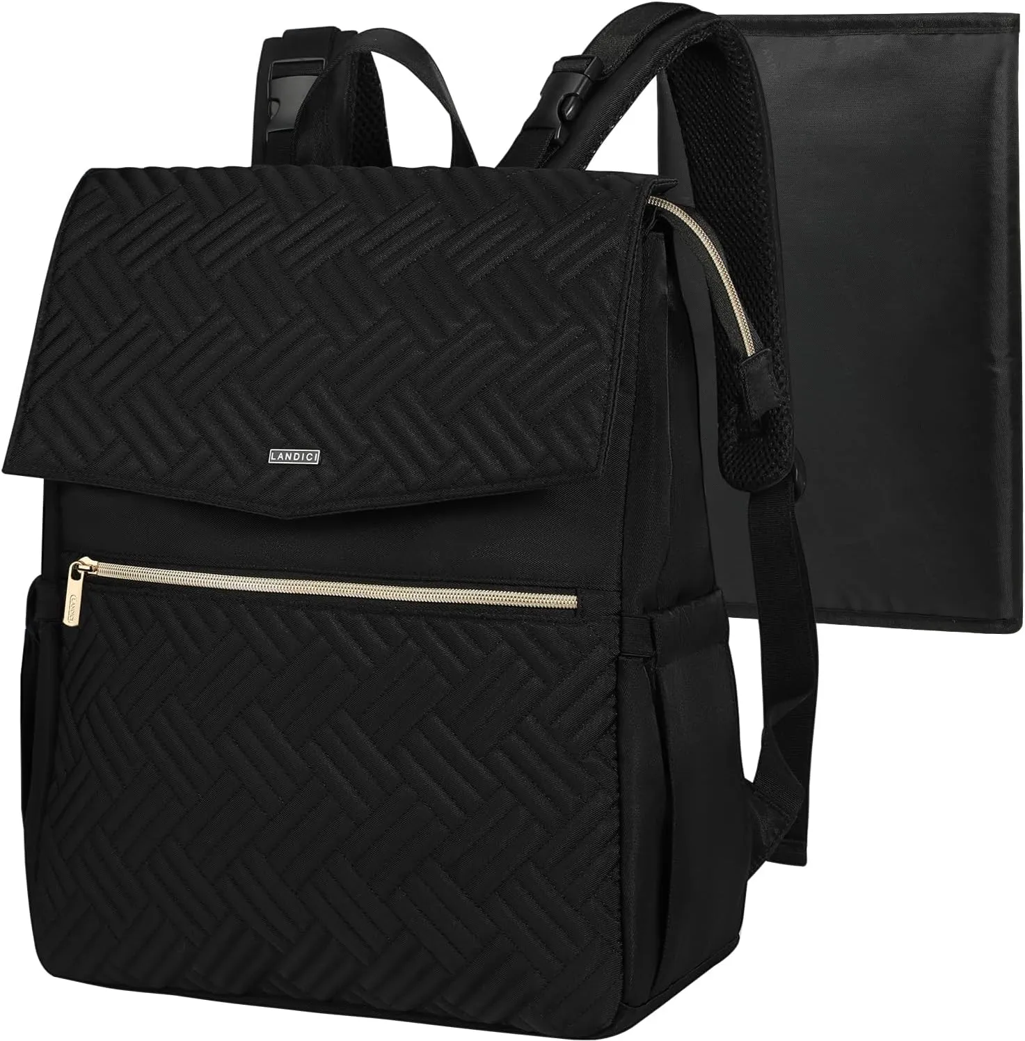 LANDICI Diaper Bag Backpack, Multifunction Waterproof Baby Diaper Bags with Changing Pad, Stroller Straps, Travel Essentials Stylish Back Pack for Mom Dad Boy Girls Toddler, Black