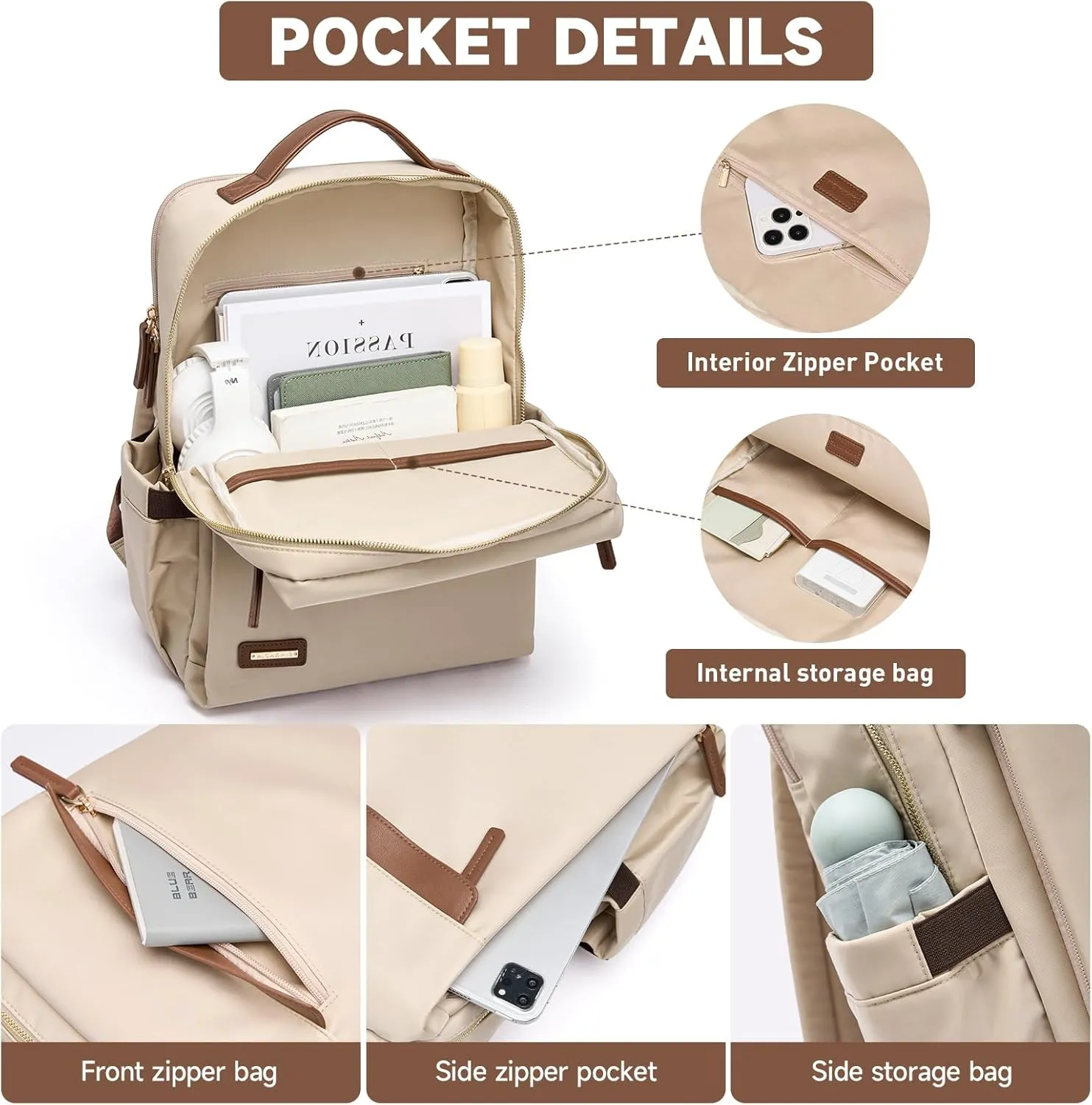 Laptop Backpack for Women Slim Computer Bag Work Travel College Backpack Purse Fits 15 Inch Notebook (Apricot) Casual Daypack for Work Travel College Backpack Purse Separate Laptop Compartment