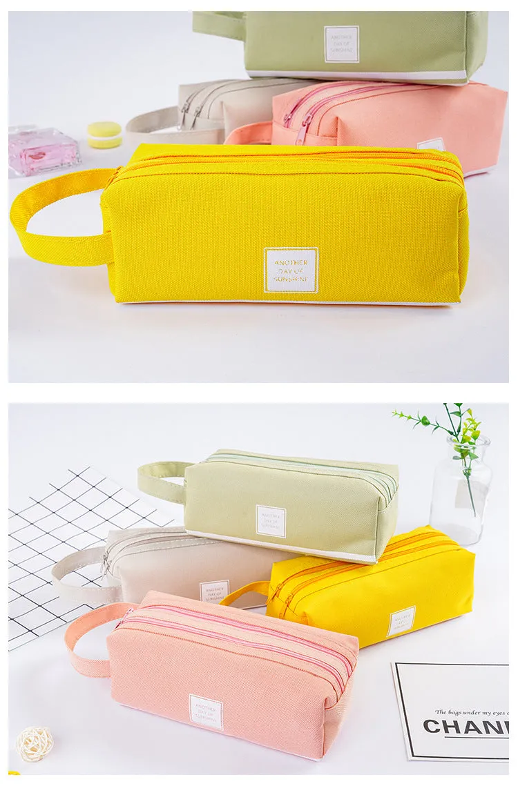 Large Capacity Portable Pencil Case Double-Layer Canvas Multi-Functional Solid Color Pencil Box