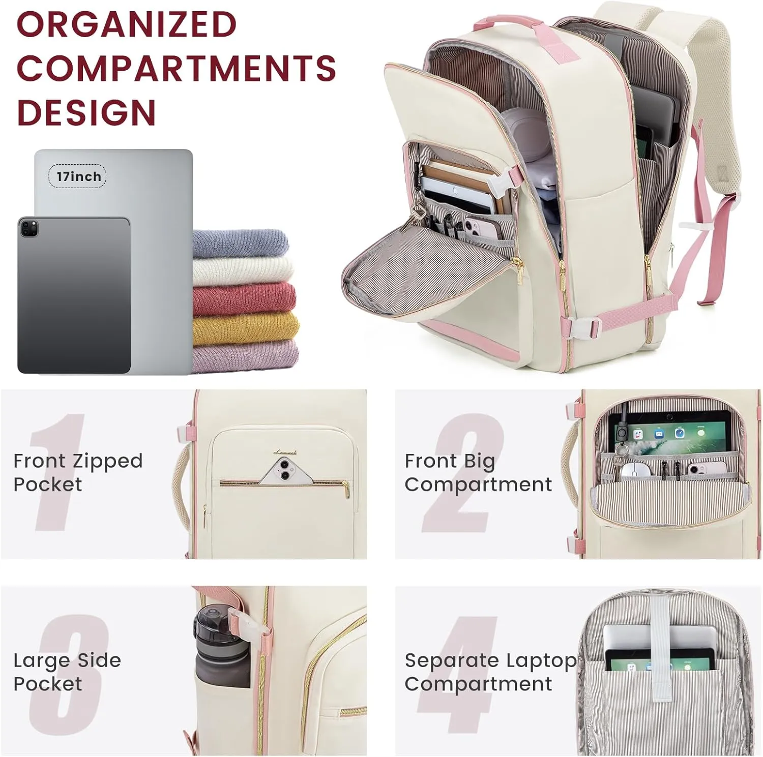 LOVEVOOK 40L Large Travel Backpack for Women Men, 17 Inch Carry on Backpack for Traveling on Airplane, Personal Item Travel Bag Airline Approved, Business Causal Weekender Backpack, Beige-Pink
