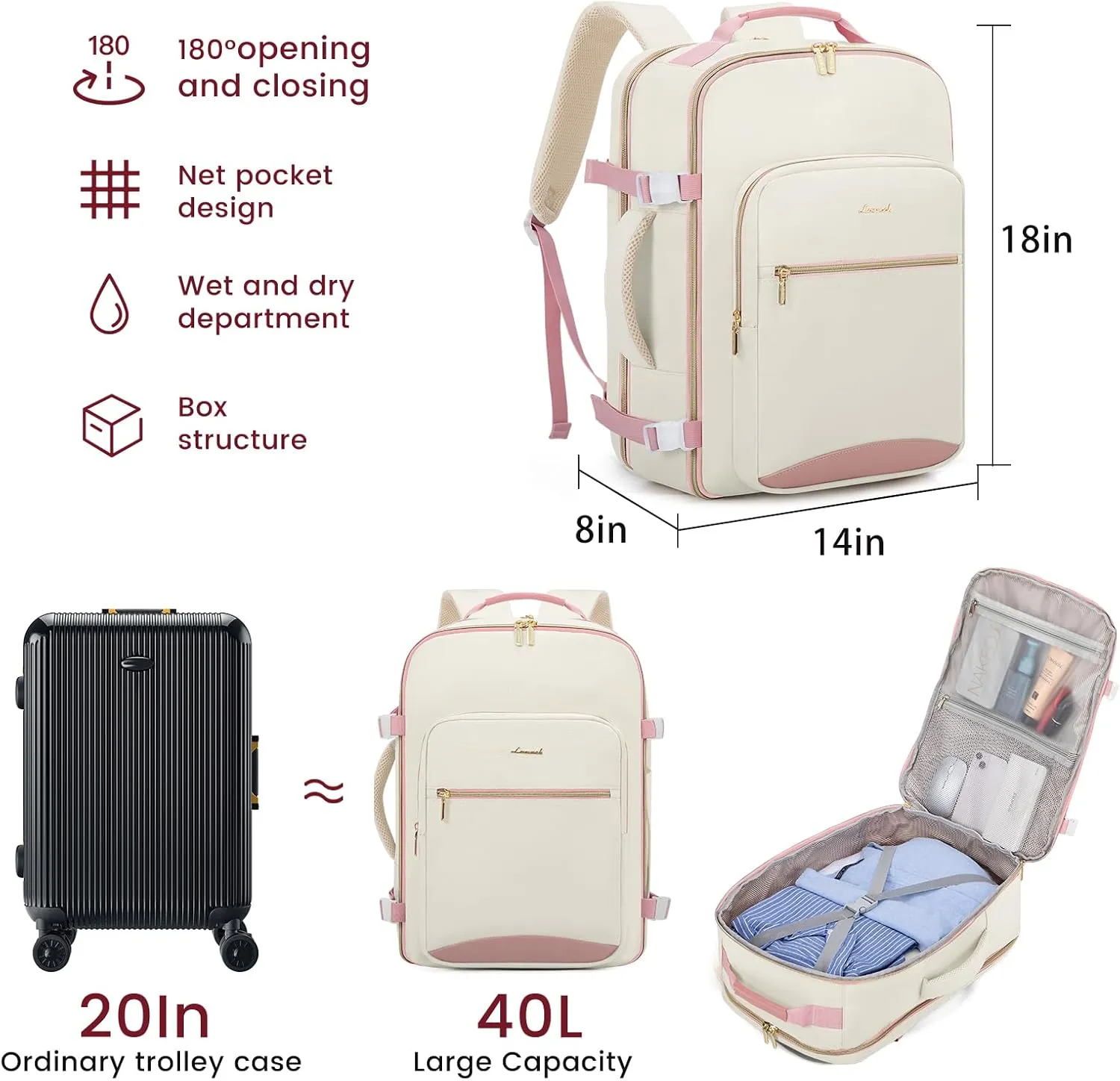LOVEVOOK 40L Large Travel Backpack for Women Men, 17 Inch Carry on Backpack for Traveling on Airplane, Personal Item Travel Bag Airline Approved, Business Causal Weekender Backpack, Beige-Pink