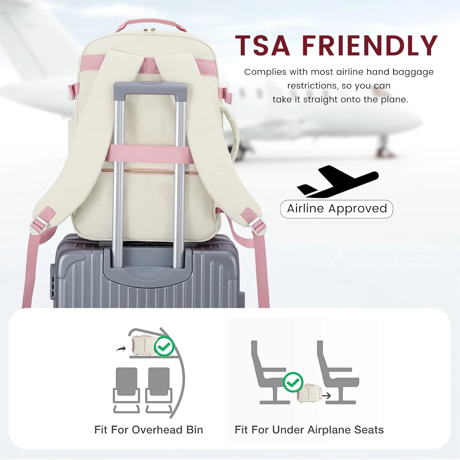 LOVEVOOK 40L Large Travel Backpack for Women Men, 17 Inch Carry on Backpack for Traveling on Airplane, Personal Item Travel Bag Airline Approved, Business Causal Weekender Backpack, Beige-Pink