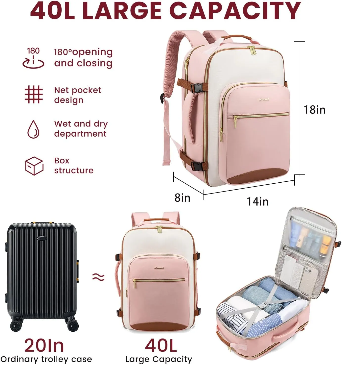 LOVEVOOK 40L Large Travel Backpack for Women Men, 17 Inch Carry on Backpack for Traveling on Airplane, Personal Item Travel Bag Airline Approved, Business Causal Weekender Backpacks