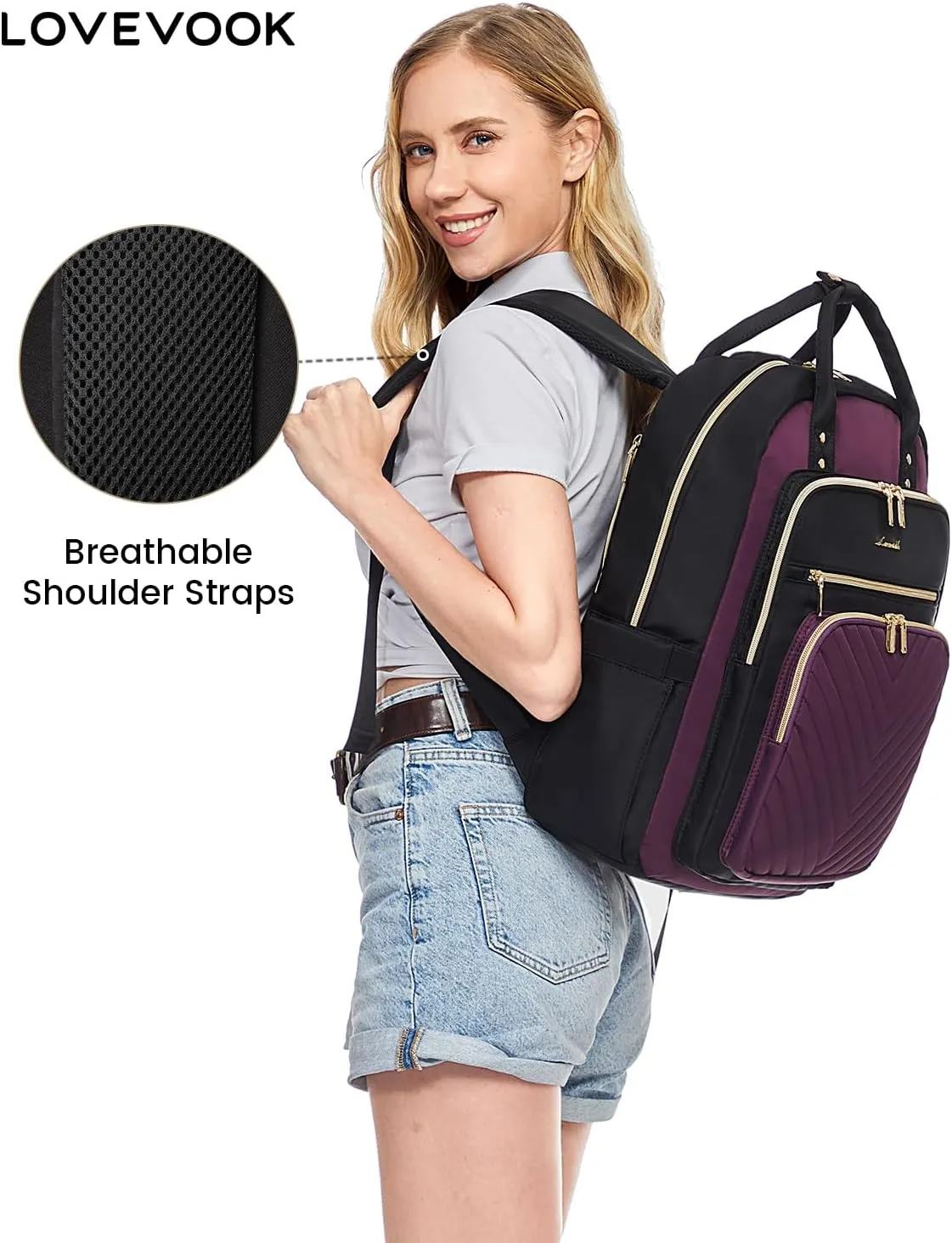 LOVEVOOK Laptop Backpack for Women, Water Resistant Travel Work Backpacks Purse Stylish Business Teacher Nurse Computer Bag with USB Charging Port, Fits 15.6" Laptop