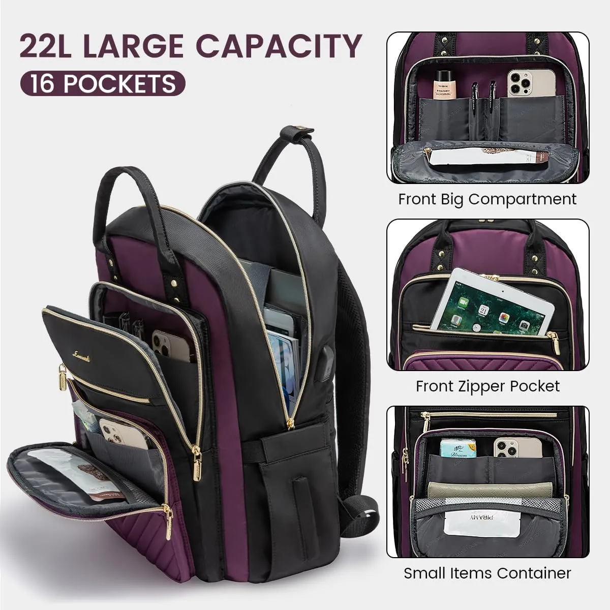 LOVEVOOK Laptop Backpack for Women, Water Resistant Travel Work Backpacks Purse Stylish Business Teacher Nurse Computer Bag with USB Charging Port, Fits 15.6" Laptop
