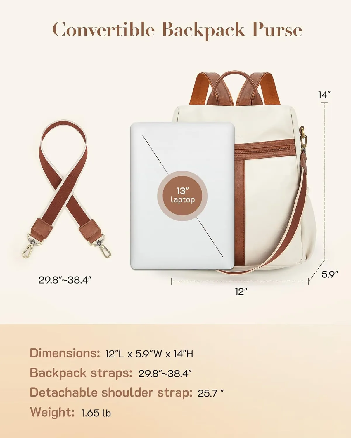 Missnine Backpack Purse for Women, PU Leather Anti-theft Backpack, Ladies Convertible Satchel Bags, Shoulder Bag for Travel, Work, Trip, Brown Beige