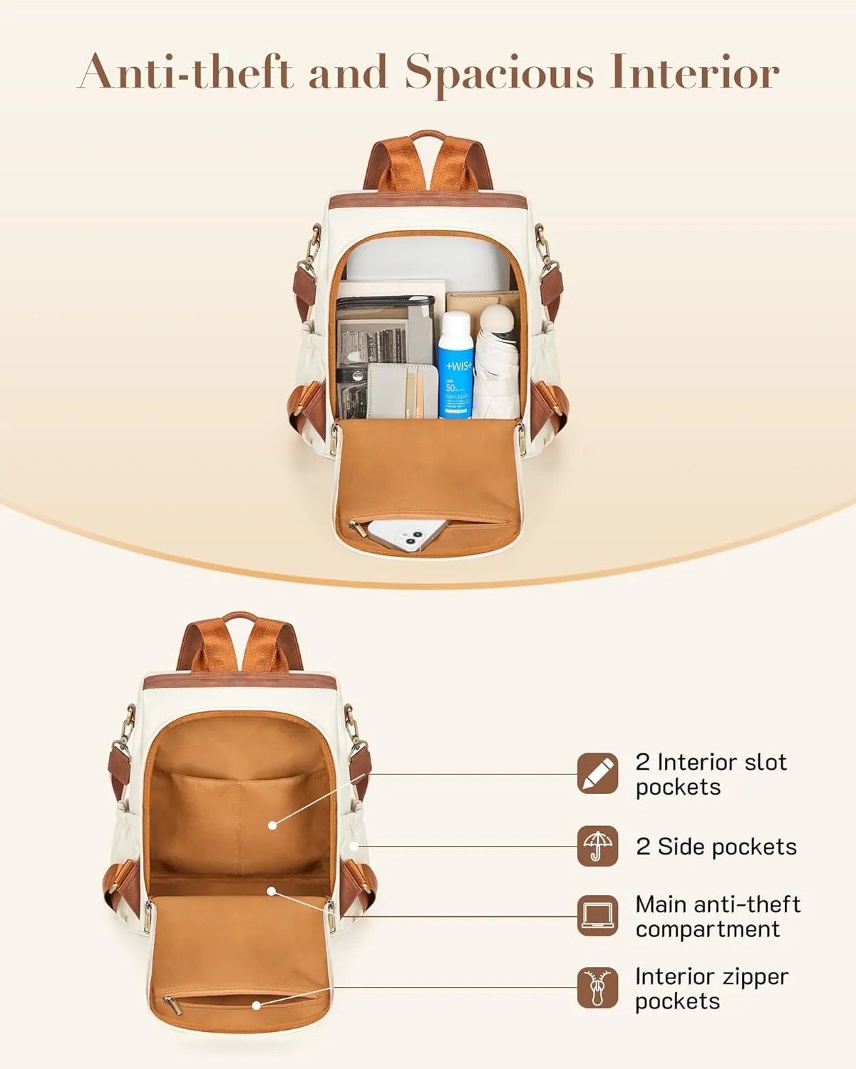 Missnine Backpack Purse for Women, PU Leather Anti-theft Backpack, Ladies Convertible Satchel Bags, Shoulder Bag for Travel, Work, Trip, Brown Beige